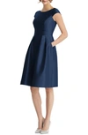 Alfred Sung Bateau-neck Cap-sleeve Pleated Skirt Sateen Twill Dress W/ Pockets In Blue