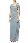 Alex Evenings Cold-shoulder Draped Metallic Gown Regular & Petite Sizes In Seafoam