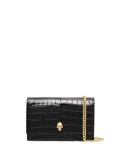 Alexander Mcqueen Skull Small Embossed Croc Leather Crossbody Bag In Black