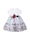 Monnalisa Bow Print Flared Dress In Bianco