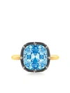 FRED LEIGHTON 18KT YELLOW GOLD AND OXIDISED STERLING SILVER SIGNED FRED LEIGHTON OLD CUSHION CUT BLUE TOPAZ RING