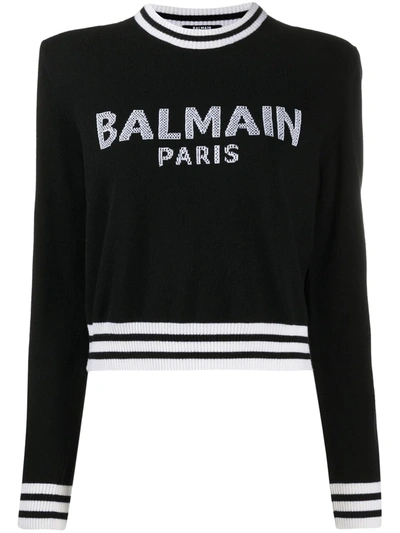 Balmain Woman Short Black Sweater In Wool Blend With White Logo