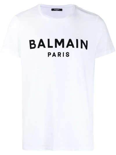 Balmain White Crewneck T-shirt With Contrasting Logo Lettering Print In Cotton