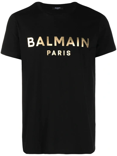 Balmain Metallic Logo-print Cotton T-shirt In Noir Or