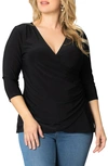 Kiyonna Femme Fatale Faux Wrap Top In Black Noir