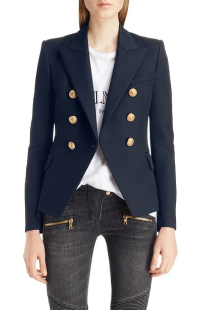 Shop Balmain Double Breasted Wool Blazer In Marine/ Gold