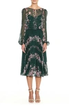 MARCHESA NOTTE FLORAL PRINT LONG SLEEVE PLEATED CHIFFON DRESS,N41DCP1975