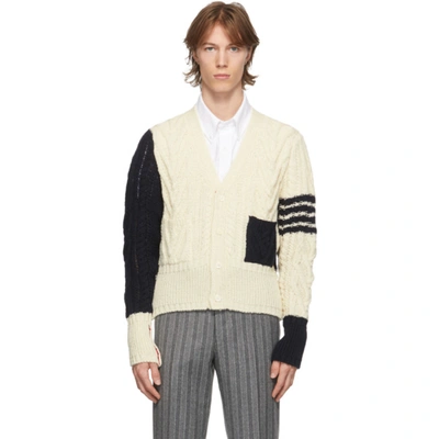 Thom Browne Fun-mix Wool Mohair Tweed Aran Cable Classic 4-bar V-neck Cardigan In Neutrals