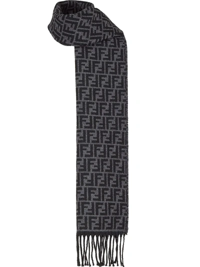 Fendi Fringed Logo-intarsia Wool Scarf In Gray