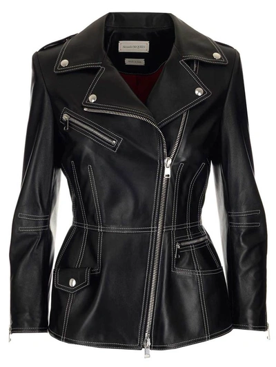Alexander Mcqueen Contrast-stitch Lambskin Leather Biker Jacket In Black