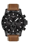 Tissot Men's Swiss Chronograph Supersport T-sport Brown Leather Strap Watch 46mm In Black