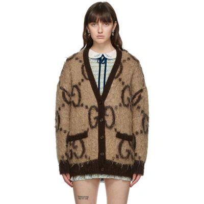 Gucci Reversible Gg Logo Jacquard Mohair Blend Cardigan In Beige - Brown