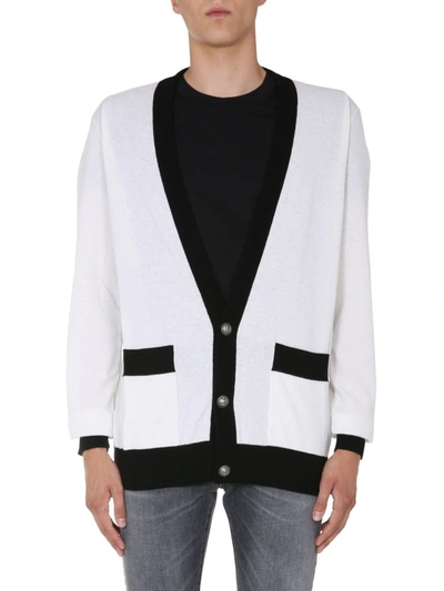 Balmain Colour-block Cable-knit V-neck Cardigan In White