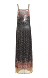PACO RABANNE FRINGE-TRIMMED PRINTED CHAINMAIL MAXI DRESS