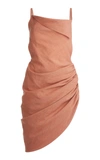 Jacquemus La Robe Saudade Asymmetrical Open Back Hemp Blend Minidress In Brown,black