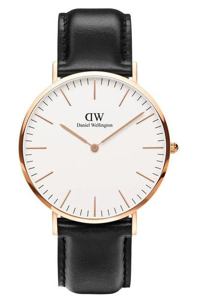 Daniel Wellington 'classic Sheffield' Leather Strap Watch, 40mm In Black / White/ Rose Gold