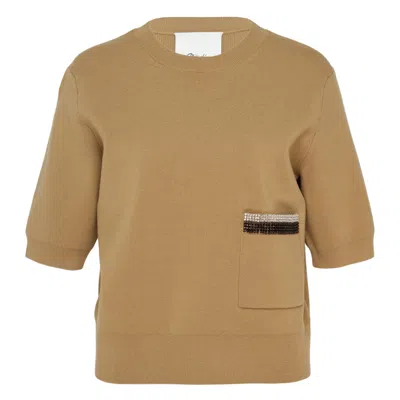3.1 Phillip Lim Crystal-embellished Short-sleeve Sweater In Brown