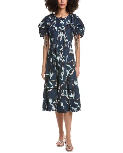 3.1 Phillip Lim Abstract Vines Shirred Sleeve Belted Midi Dress In Blue