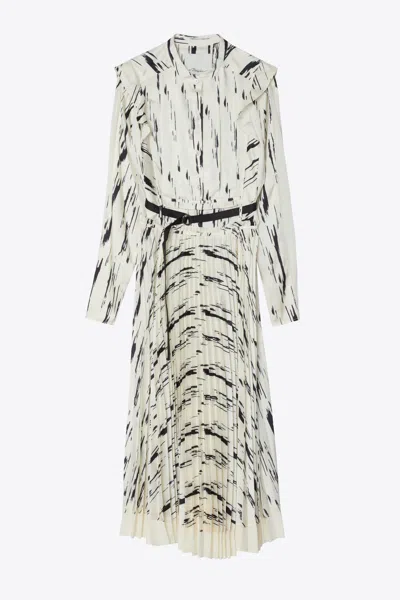 3.1 Phillip Lim Abstract Wood Grain Long Sleeve Sunburst Pleat Dress In White