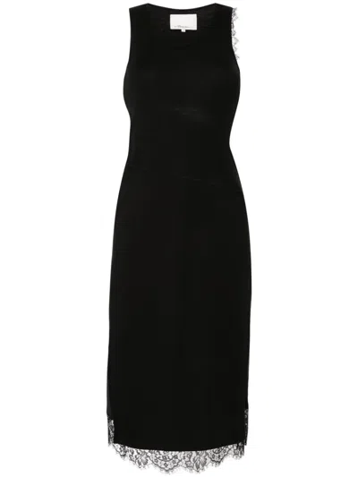 3.1 Phillip Lim Asymmetric Lace-trim Midi Dres In Black-midnight