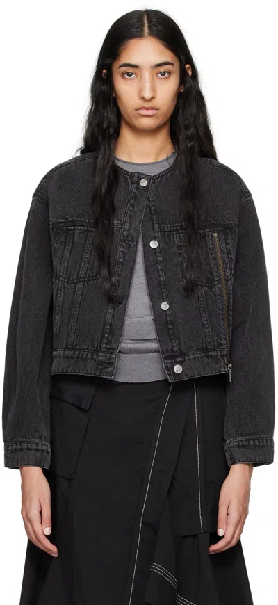 3.1 Phillip Lim Black Crewneck Cropped Denim Jacket In Wa010 Washed Blk