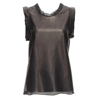 Pre-owned 3.1 Phillip Lim Black Leather Sheer Silk Trim Folded Sleeves Tunic Top Us2 S