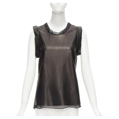 Pre-owned 3.1 Phillip Lim Black Leather Sheer Silk Trim Folded Sleeves Tunic Top Us2 S