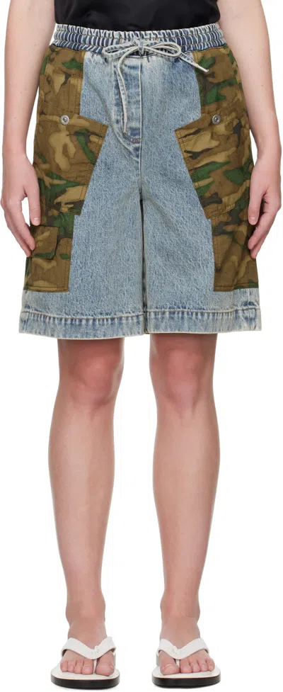 3.1 PHILLIP LIM BLUE & KHAKI PATCHWORK CAMO BASKETBALL DENIM CARGO SHORTS