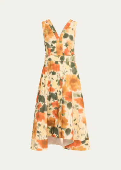 3.1 Phillip Lim Blurred Marigold Belted Midi Dress In Marigold Multi