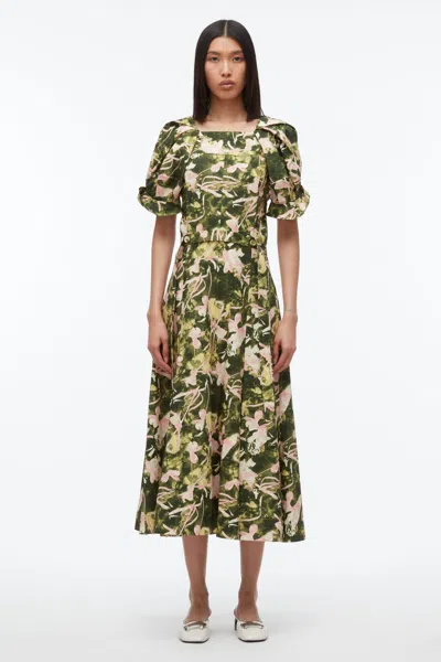 3.1 Phillip Lim Collapsed Bloom Short Sleeve Belted Dress Iris In Olive Floating Iris