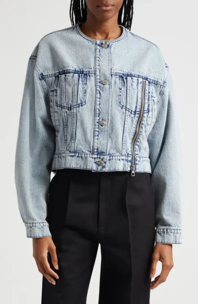 3.1 Phillip Lim Collarless Crop Denim Trucker Jacket In Malibu Blue