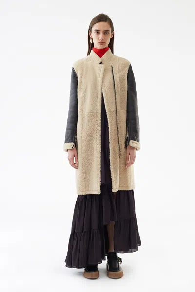 3.1 Phillip Lim Collarless Shearling Coat In Black-natural