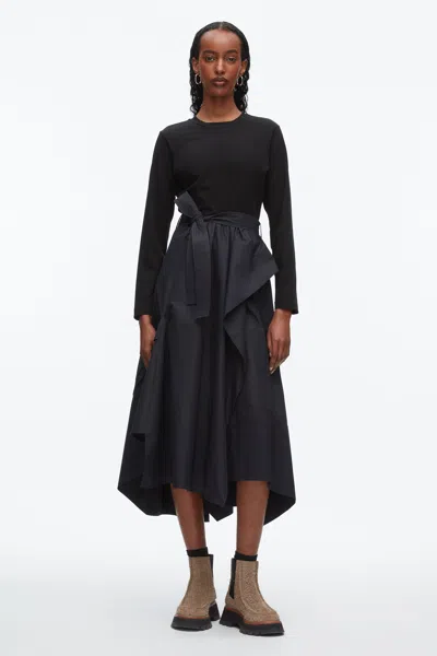 3.1 Phillip Lim Mixed Media Long Sleeve Handkerchief Hem Cotton Blend Dress In Black