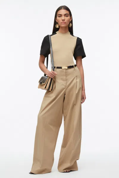 3.1 Phillip Lim Compact Rib Top With Contrast Sleeves In Khaki-blk