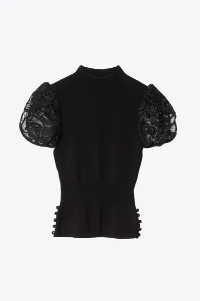 3.1 Phillip Lim Compact Rib Tulip Top With Corded Lace Sleeves In Black