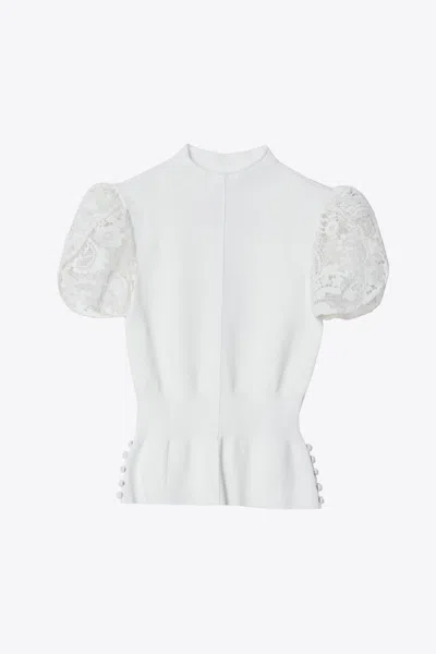 3.1 Phillip Lim Compact Rib Tulip Top With Corded Lace Sleeves In White