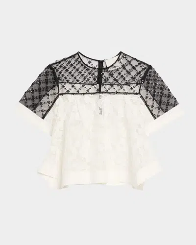 3.1 PHILLIP LIM CORDED LACE ORGANZA SHORT-SLEEVE FLOUNCE TOP