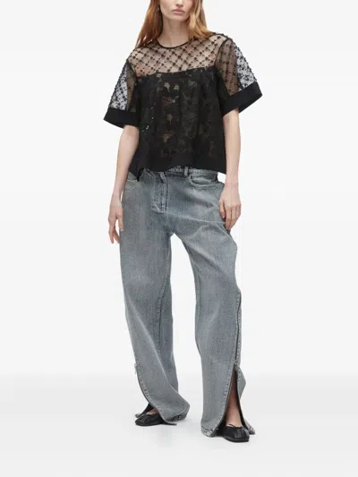 3.1 Phillip Lim Corded Lace Organza Short Sleeve Flounce Top In Black