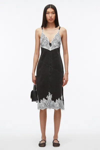 3.1 Phillip Lim Denim Slip Dress With Lace In Washed Blk