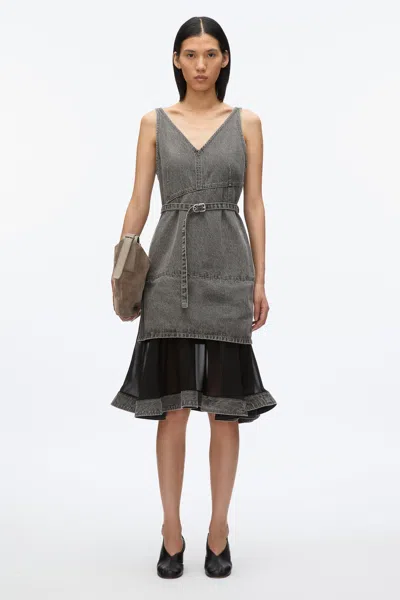 3.1 Phillip Lim Denim V Neck Dress With Chiffon Hem In Washed Grey