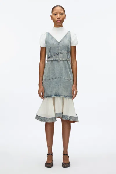 3.1 Phillip Lim Denim V Neck Dress With Chiffon Hem In Washed Indigo
