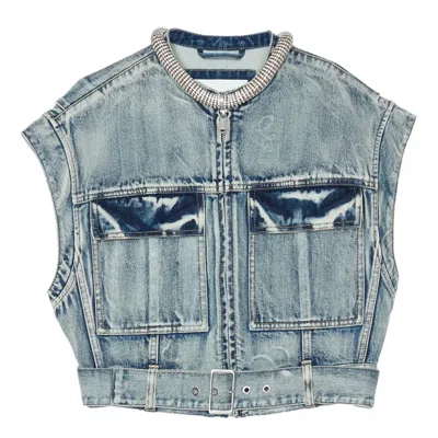 3.1 Phillip Lim Denim Vest With Crystal Necklace In Washed Indigo
