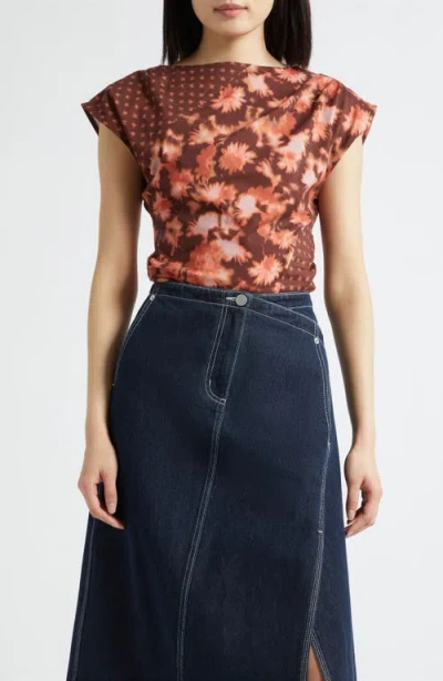 3.1 Phillip Lim Desert Floral Patchwork Cap Sleeve Cotton Top In Brown