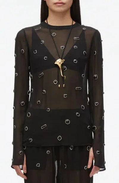 3.1 Phillip Lim Embellished Silk Chiffon Long Sleeve Top In Black