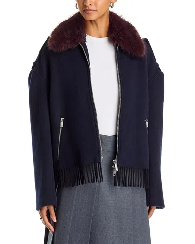 3.1 Phillip Lim Faux Fur Collar Scarf Hem Jacket In Blue