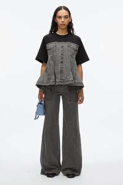 3.1 Phillip Lim Flounce Hem Hybrid Denim Top In Washed Grey-black