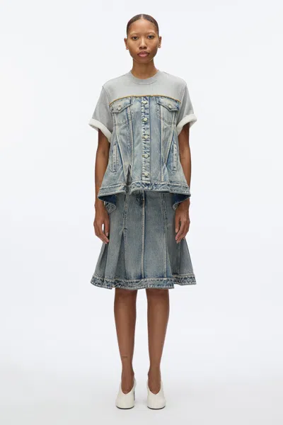 3.1 Phillip Lim Flounce Hem Hybrid Denim Top In Washed Indigo-grey