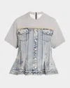 3.1 Phillip Lim Flounce Hem Hybrid Denim Top In Washed Indigo-grey