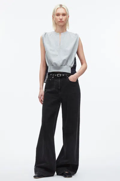 3.1 Phillip Lim French Terry Top With Broiderie Anglaise Combo In Md Heather Grey - Navy