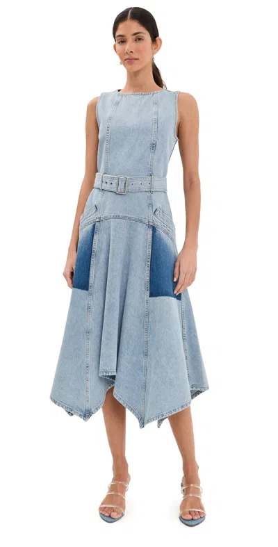 3.1 Phillip Lim Ghost Patch Sleeveless Belted Denim Dress Light Blue